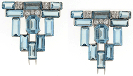 A pair of platinum, aquamarine and diamond Art Deco clips