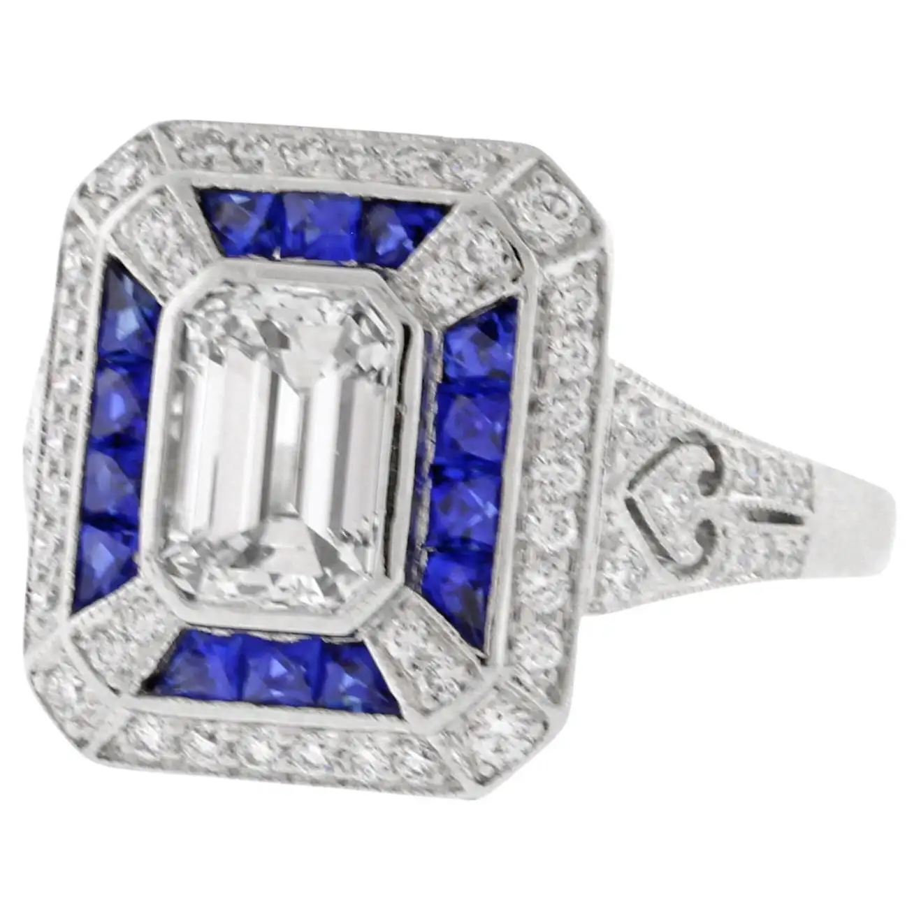 Art Deco Style Emerald Cut Diamond and Sapphire Ring | Pampillonia ...