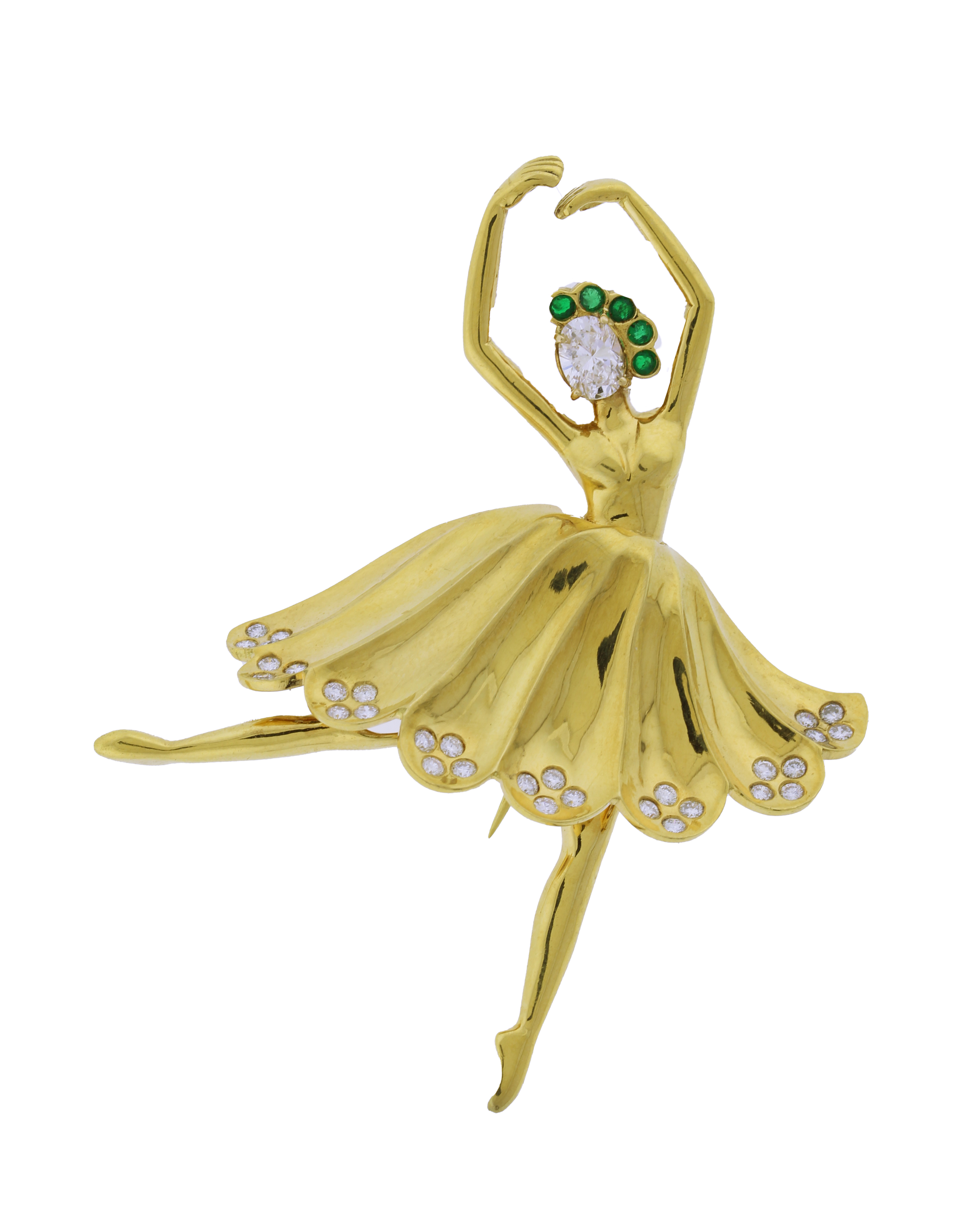 Emerald and Diamond Ballerina Brooch By Pampillonia Jewelers